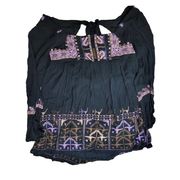 FREE PEOPLE Rhiannon Embroidered Tunic Mini Dress Women's S Black  Square Neck - Picture 3 of 7